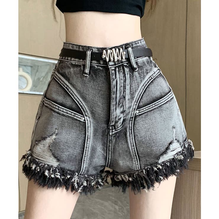 ベルト付きダメージデニムショートパンツ ボトムス ハーフパンツ | kirakiraShop  | 詳細画像2 