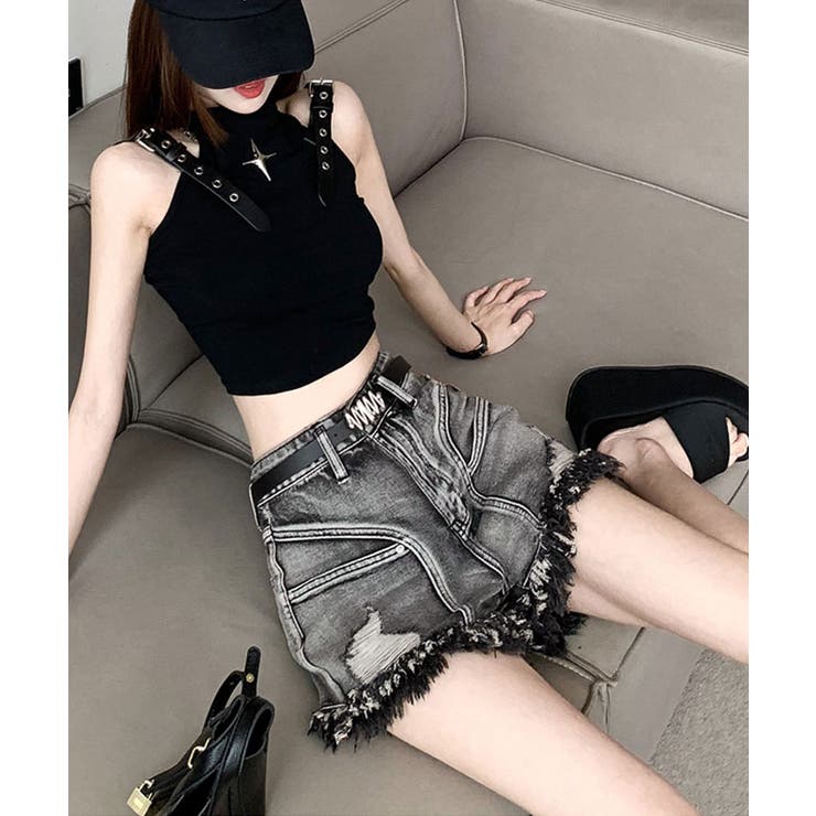 ベルト付きダメージデニムショートパンツ ボトムス ハーフパンツ | kirakiraShop  | 詳細画像4 