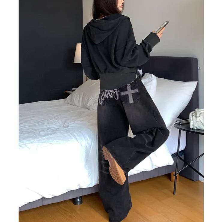 ペイントロゴルーズワイドデニムパンツ ワイドデニムパンツ ハイウエスト | kirakiraShop  | 詳細画像13 