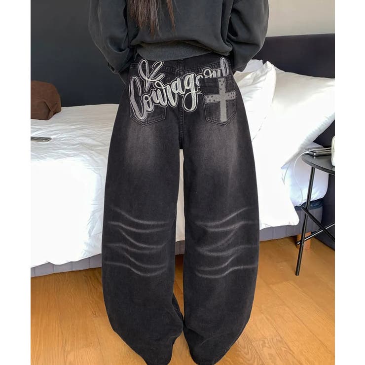 ペイントロゴルーズワイドデニムパンツ ワイドデニムパンツ ハイウエスト | kirakiraShop  | 詳細画像3 