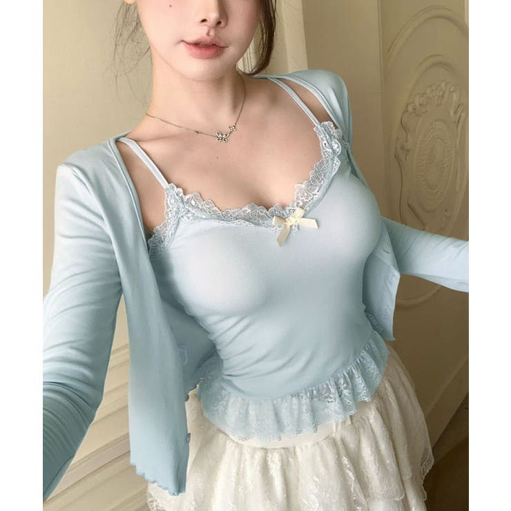 ブルー | フロントリボンレースキャミシール トップス キャミソール | kirakiraShop 