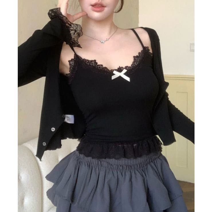 フロントリボンレースキャミシール トップス キャミソール | kirakiraShop  | 詳細画像3 