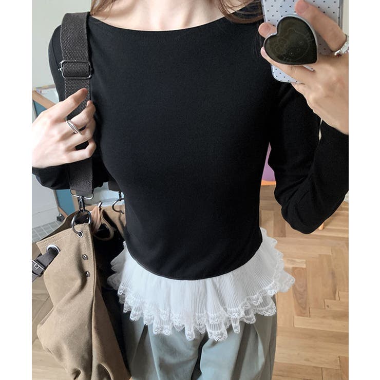 ブラック | 裾シアーレース切り替えトップス トップス 長袖 | kirakiraShop 