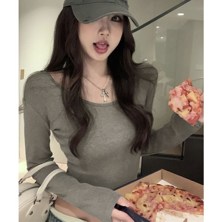 Uネック無地クロップド長袖Tシャツ トップス カットソー | kirakiraShop  | 詳細画像13 