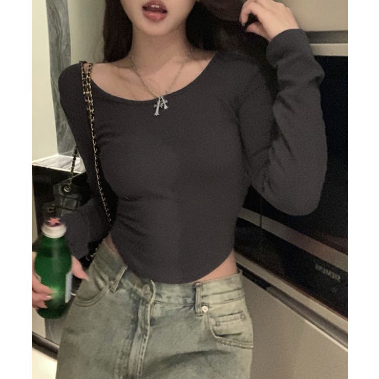 Uネック無地クロップド長袖Tシャツ トップス カットソー | kirakiraShop  | 詳細画像15 