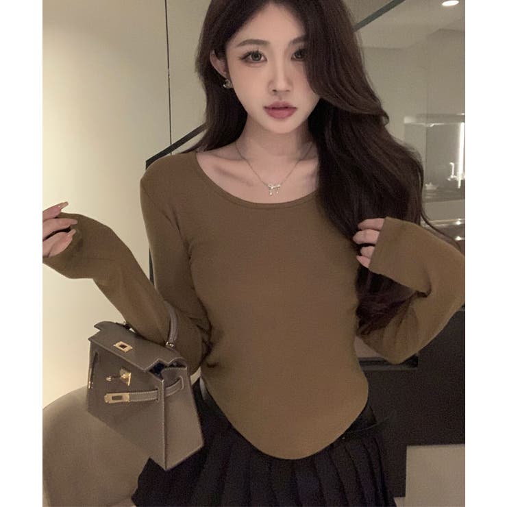 Uネック無地クロップド長袖Tシャツ トップス カットソー | kirakiraShop  | 詳細画像20 