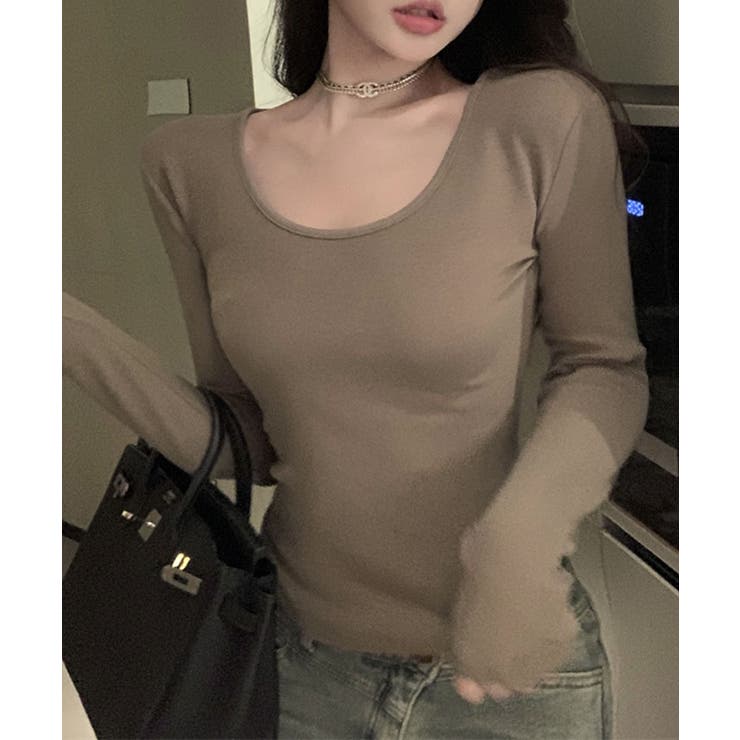 Uネック無地クロップド長袖Tシャツ トップス カットソー | kirakiraShop  | 詳細画像21 