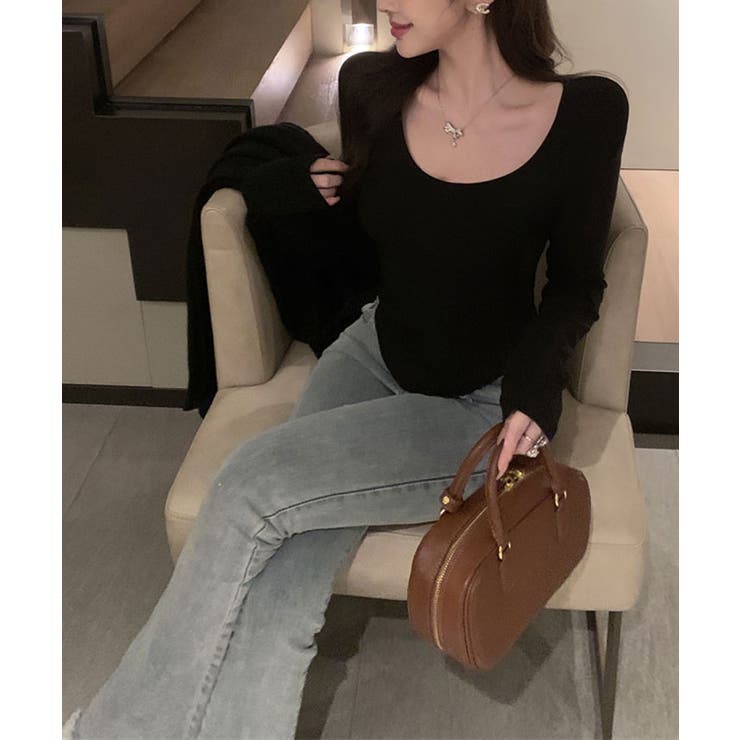 Uネック無地クロップド長袖Tシャツ トップス カットソー | kirakiraShop  | 詳細画像4 