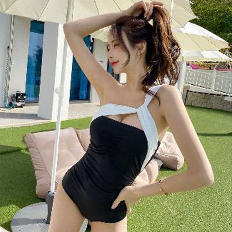 ホワイト×ブラック | ワンショルダーワンピース 3サイズ スイムウェア | kirakiraShop 