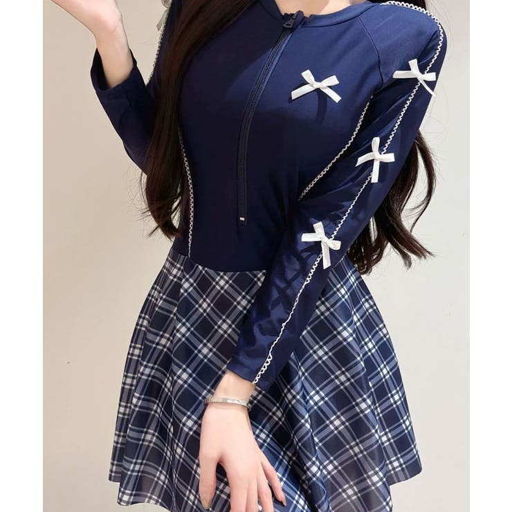 チェック柄切り替えラッシュガードワンピ レディース水着 ワンピース水着 | kirakiraShop  | 詳細画像5 