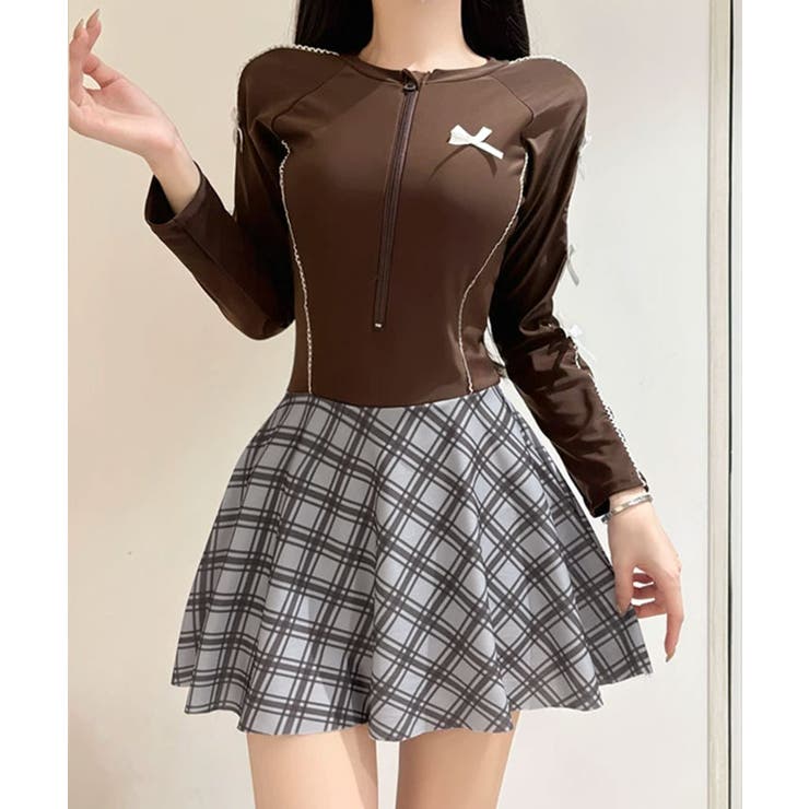 チェック柄切り替えラッシュガードワンピ レディース水着 ワンピース水着 | kirakiraShop  | 詳細画像6 