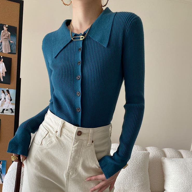 ブルーグリーン | 襟付きリブニットトップスカーディガン カーディガン 羽織り | kirakiraShop 