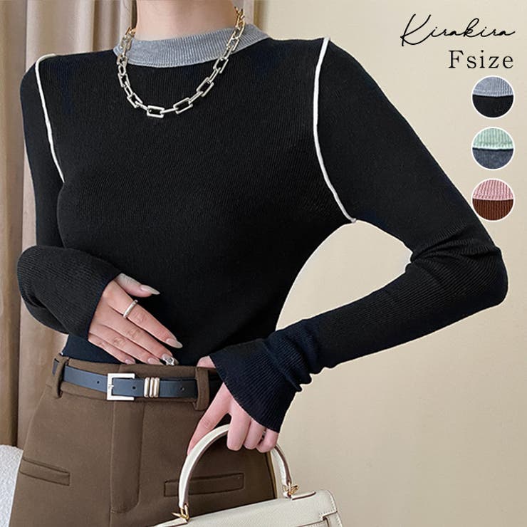 クルーネックバイカラーニット トップス ニット | kirakiraShop  | 詳細画像1