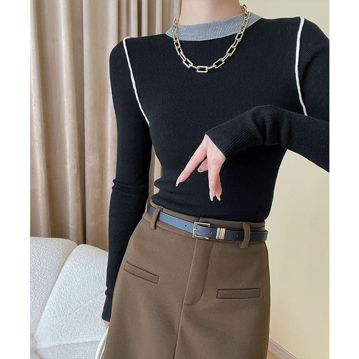 クルーネックバイカラーニット トップス ニット | kirakiraShop  | 詳細画像2