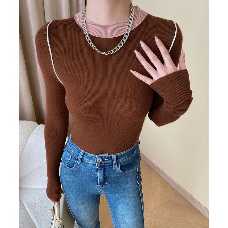 クルーネックバイカラーニット トップス ニット | kirakiraShop  | 詳細画像27