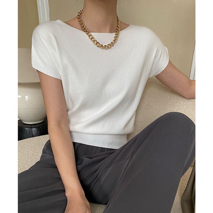 ボートネック半袖ニットソー トップス サマーニット | kirakiraShop  | 詳細画像12 