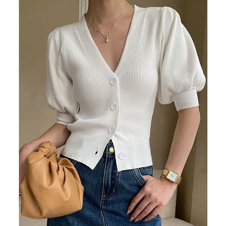ホワイト | 【SHOPLIST限定】ボリュームスリーブVネックカーディガン トップス カーデ… | kirakiraShop 