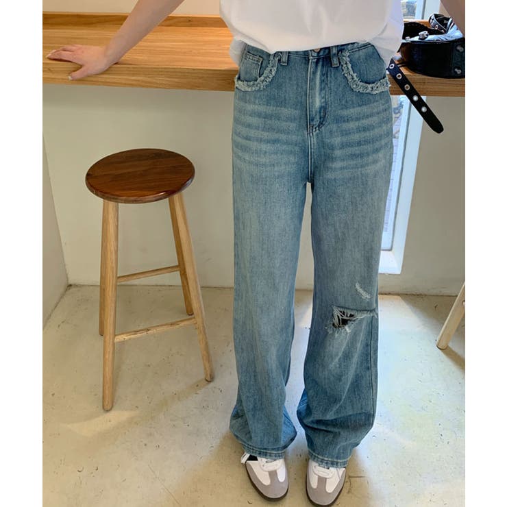再再販！ カットオフデザインワイドストレートデニム デニム ボトムス パンツ
