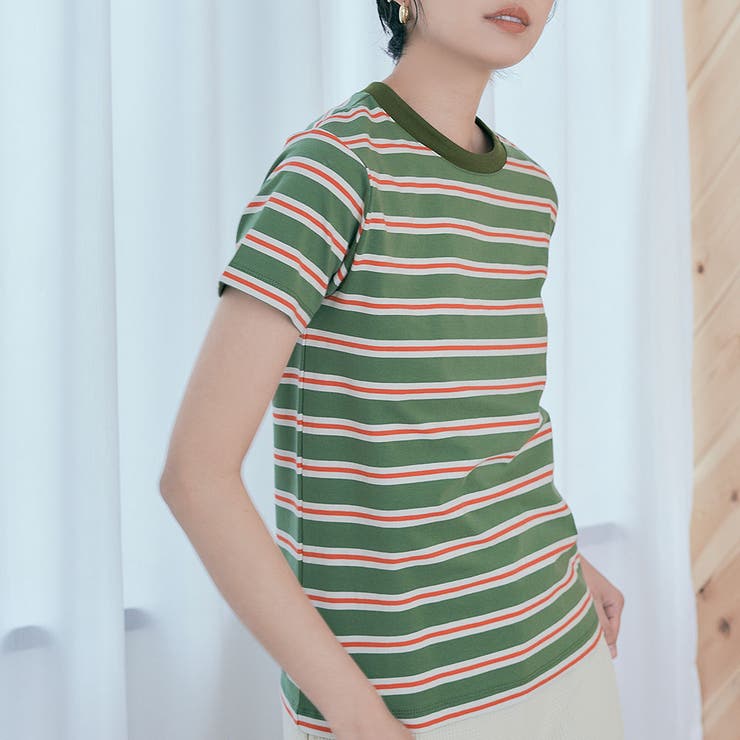 Bマルチボーダー- グリーン | ストレッチボーダーTシャツ トップス ボーダーTシャツ | kirakiraShop 