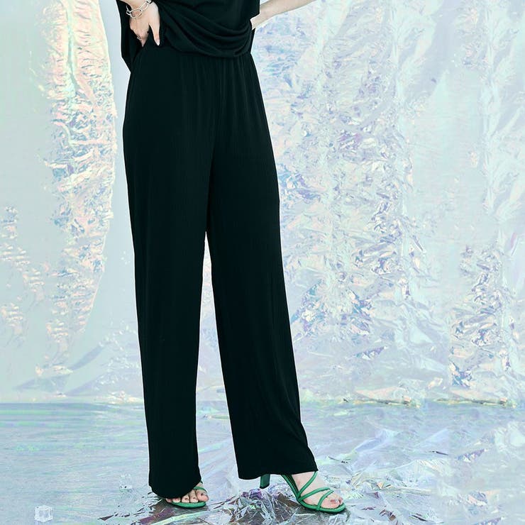 ブラック | 冷涼ランダムリブワイドパンツ 2サイズ ボトムス | kirakiraShop 