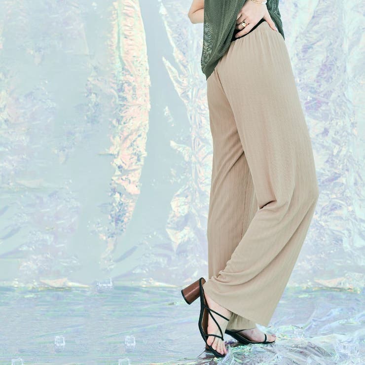 ベージュ | 冷涼ランダムリブワイドパンツ 2サイズ ボトムス | kirakiraShop 