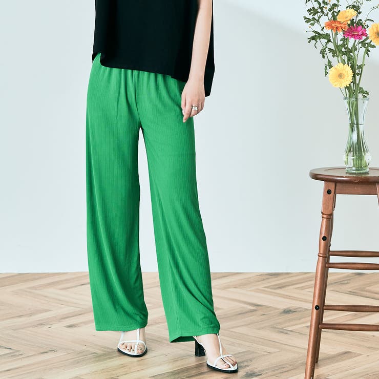 グリーン | 冷涼ランダムリブワイドパンツ 2サイズ ボトムス | kirakiraShop 