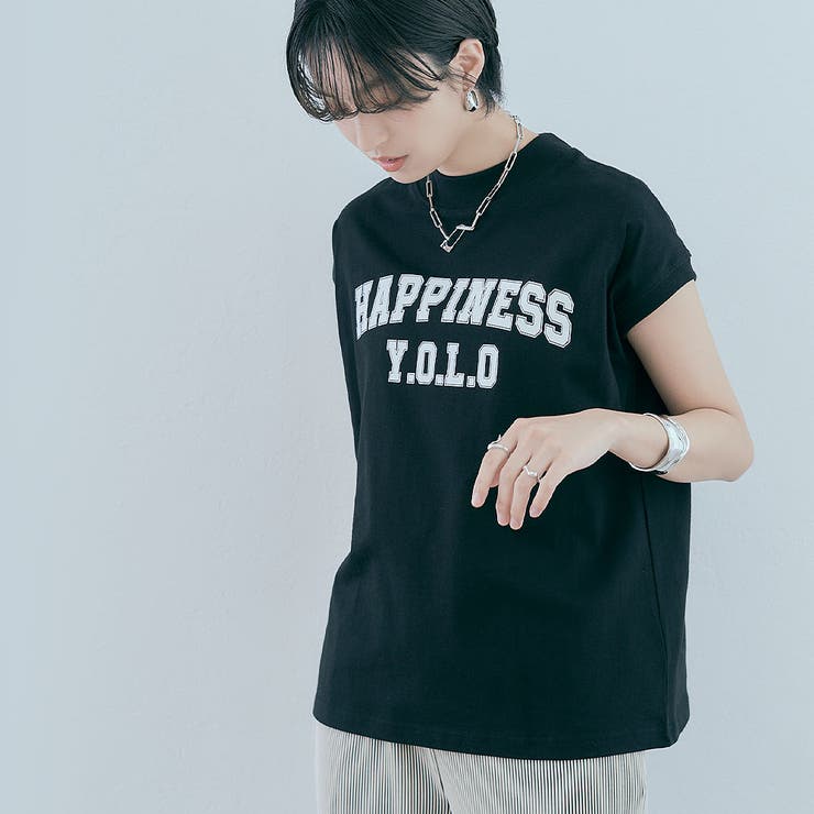 ブラック | モックネックフレンチロゴTシャツ トップス カットソー | kirakiraShop 