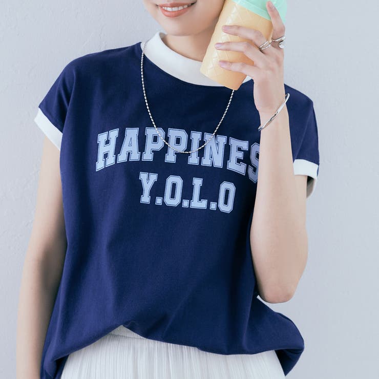 ネイビー | モックネックフレンチロゴTシャツ トップス カットソー | kirakiraShop 