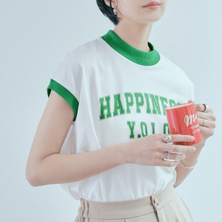 オフホワイト×グリーン | モックネックフレンチロゴTシャツ トップス カットソー | kirakiraShop 