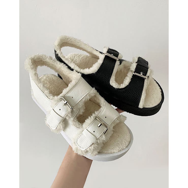 PALM ANGELS フェイクファー スエード サンダル ダブルベルト フェイクファー サンダル