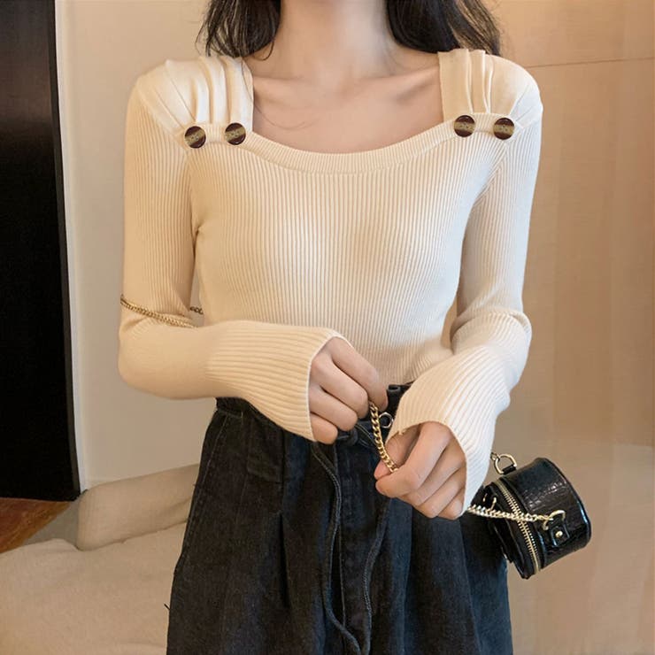 ベージュ | タックデザインスクエアネックニットトップス トップス リブニット | kirakiraShop 