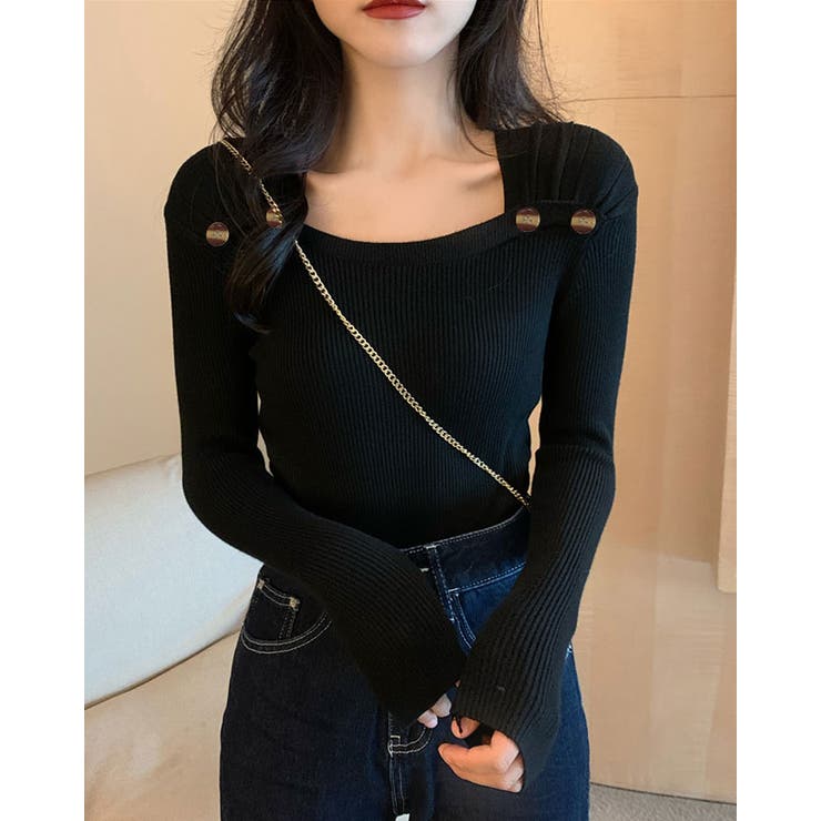 タックデザインスクエアネックニットトップス トップス リブニット | kirakiraShop  | 詳細画像3 