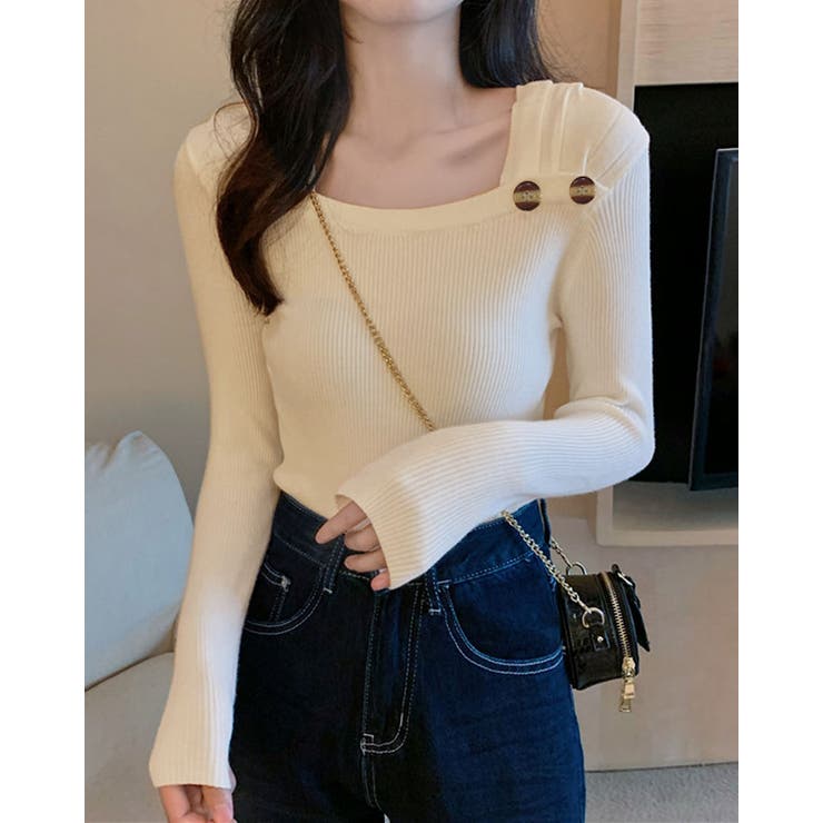 タックデザインスクエアネックニットトップス トップス リブニット | kirakiraShop  | 詳細画像8 