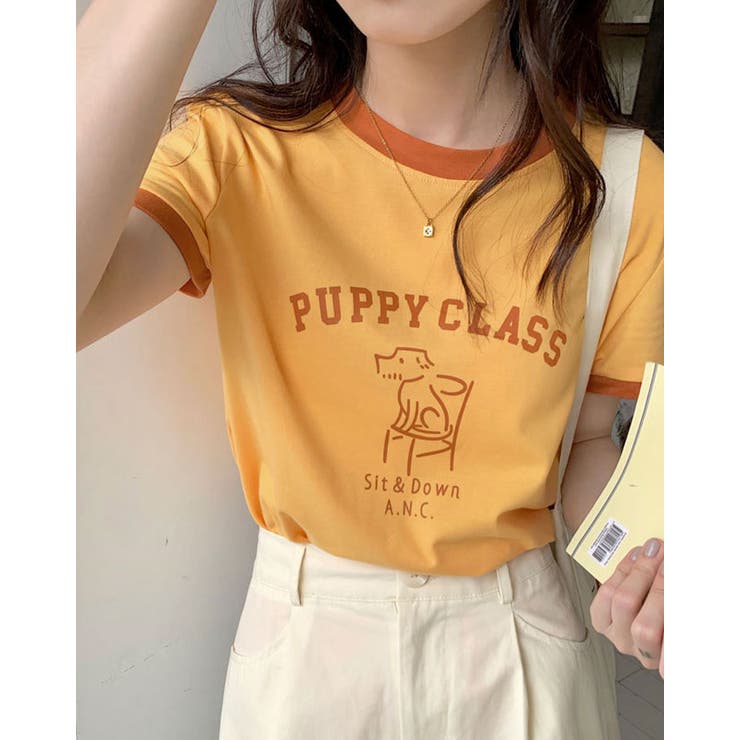 配色ラインイラストロゴリンガーTシャツ トップス ロゴTシャツ