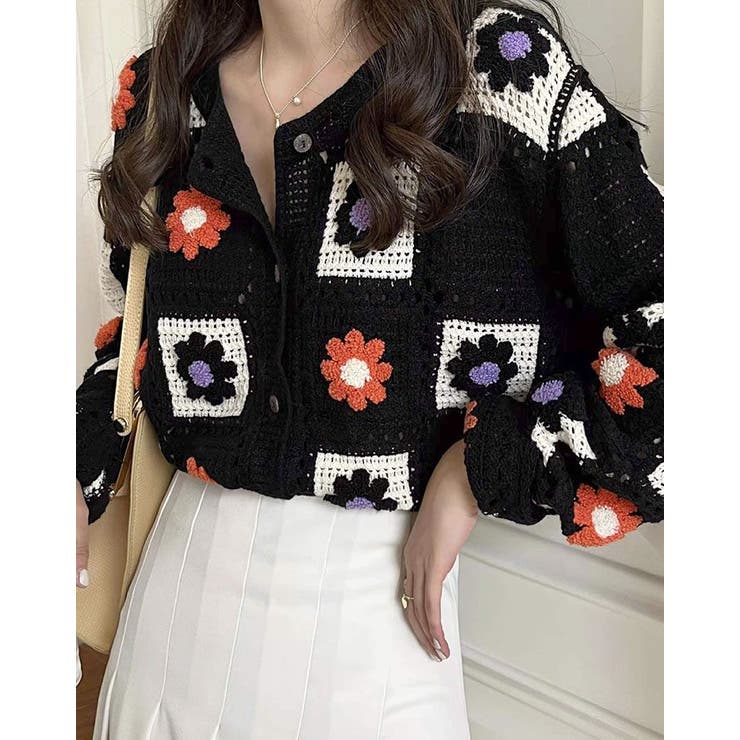 暖色系 立体編みの花柄が可愛いカーディガン マルチカラー × ブラック