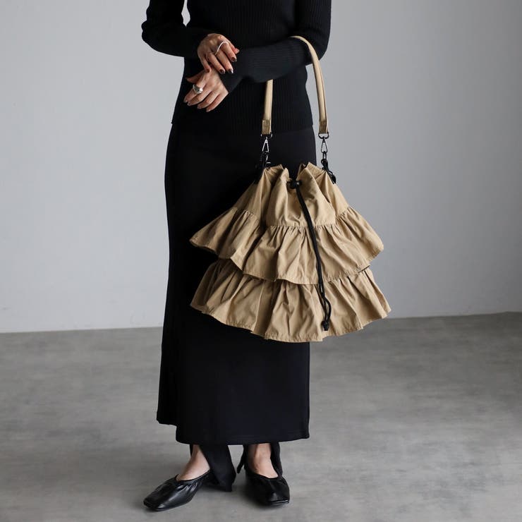 プリーツフリルショルダーバッグ ドローストリング 2段フリル