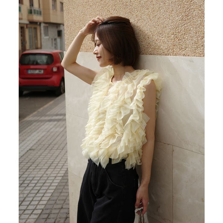 イエロー | [ mayuさんコラボ ]チュールフリルノースリーブトップス［C7722］ | KOBE LETTUCE