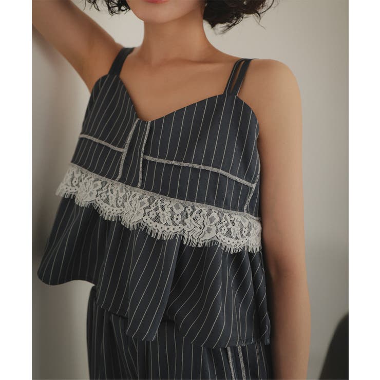 チャコール | レース切替ストライプキャミビスチェ［C7778］ キャミビスチェ レース切替 | KOBE LETTUCE