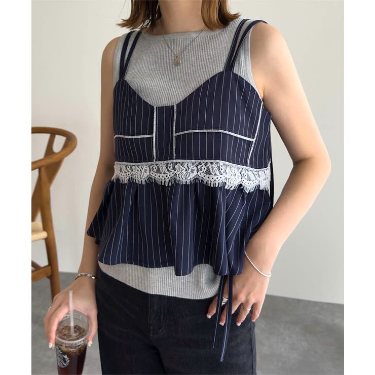 ネイビー | レース切替ストライプキャミビスチェ［C7778］ キャミビスチェ レース切替 | KOBE LETTUCE