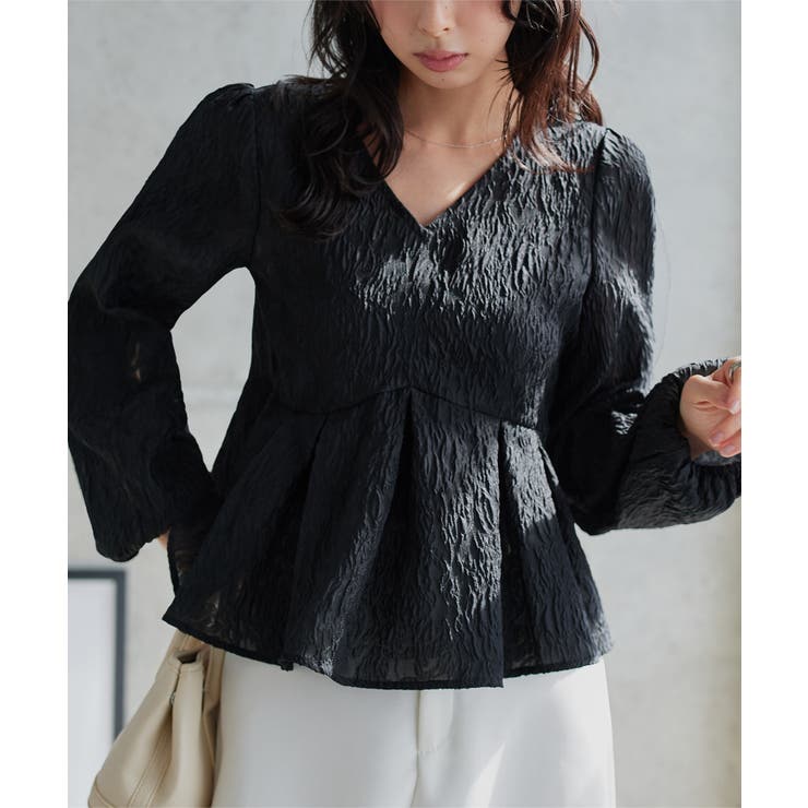 ブラック | シアージャガードVネックペプラムブラウス［C7790］ シアー ペプラムブラウス | KOBE LETTUCE