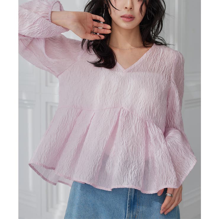 ピンク | シアージャガードVネックペプラムブラウス［C7790］ シアー ペプラムブラウス | KOBE LETTUCE