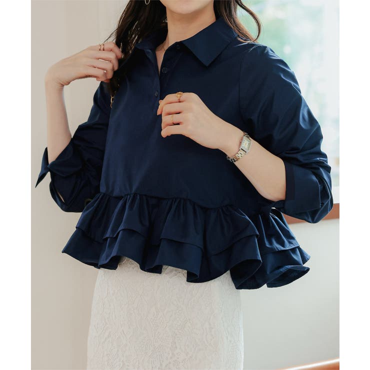 ネイビー | フリルデザイン長袖ブラウス［C7793］ | KOBE LETTUCE