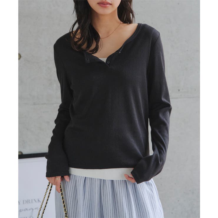 ブラック | アイレットリブヘンリーネックトップス［C7797］ ヘンリーネック トップス | KOBE LETTUCE