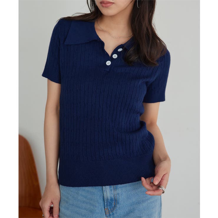 ネイビー | ケーブル編み半袖ポロニット［C7827］ ケーブル編み 半袖 | KOBE LETTUCE
