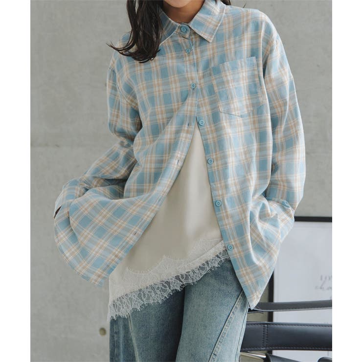 ブルー | シアーチェック柄ビッグシャツ［C7846］ シアーシャツ チェック | KOBE LETTUCE