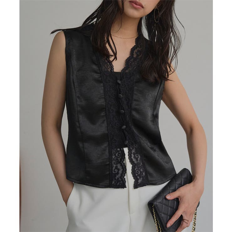 ブラック | レースVネックサテントップス［C7901］ レース Vネック | KOBE LETTUCE
