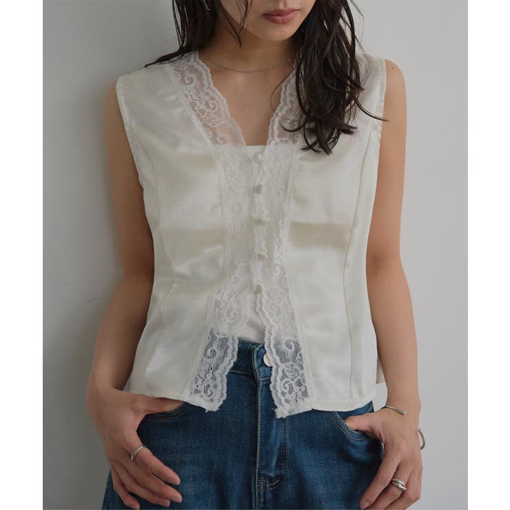 オフホワイト | レースVネックサテントップス［C7901］ レース Vネック | KOBE LETTUCE