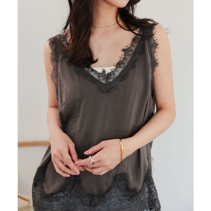 チャコール | ディープVネックレースノースリーブトップス［C7904］ レース トップス | KOBE LETTUCE