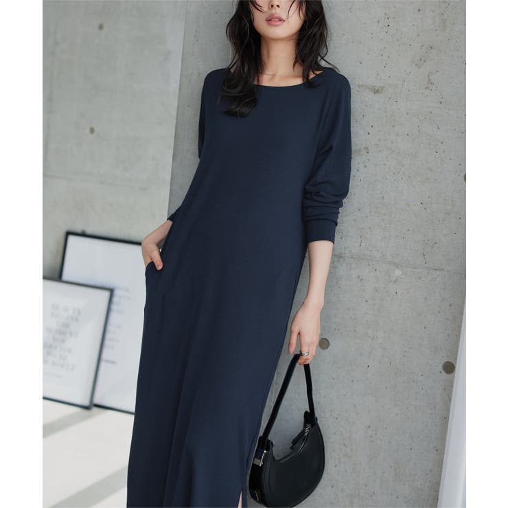 ネイビー | 前後2wayボートネックリブワンピース［E3569］ リブワンピース 前後2wa… | KOBE LETTUCE
