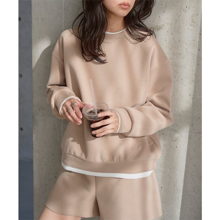 ベージュ | フェイクレイヤードトップス×ショーパンセット［E3578］ セットアップ 上下 | KOBE LETTUCE